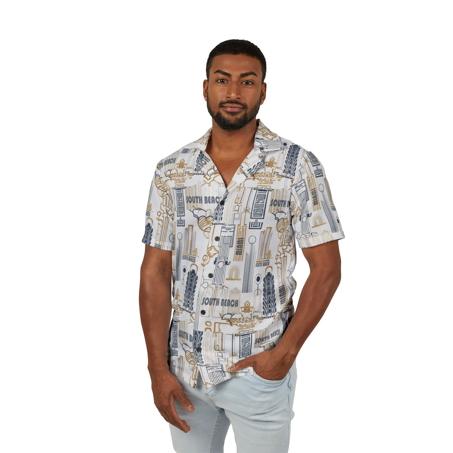 Man wearing a patterned shirt on a white background
