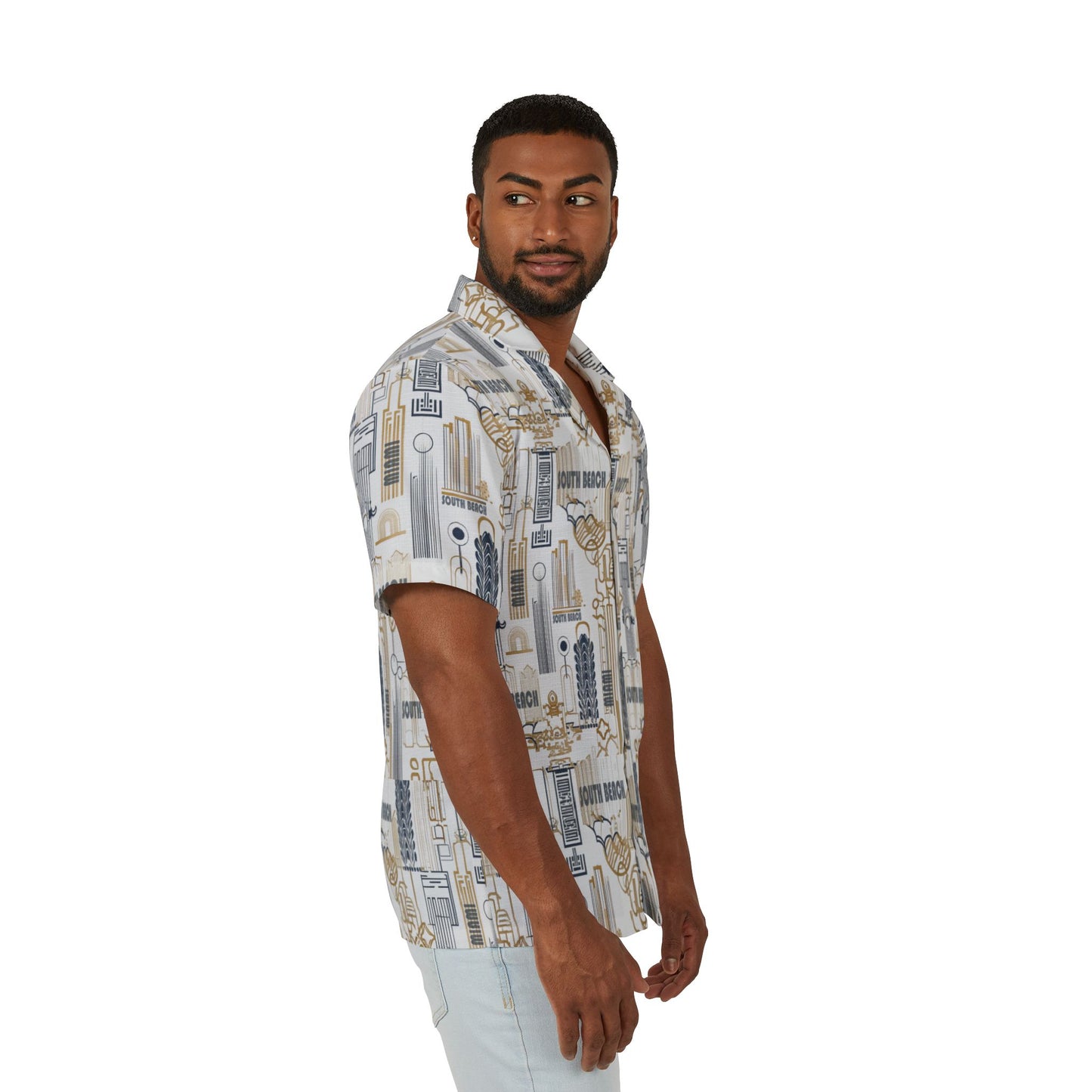 Man wearing a patterned shirt on a white background