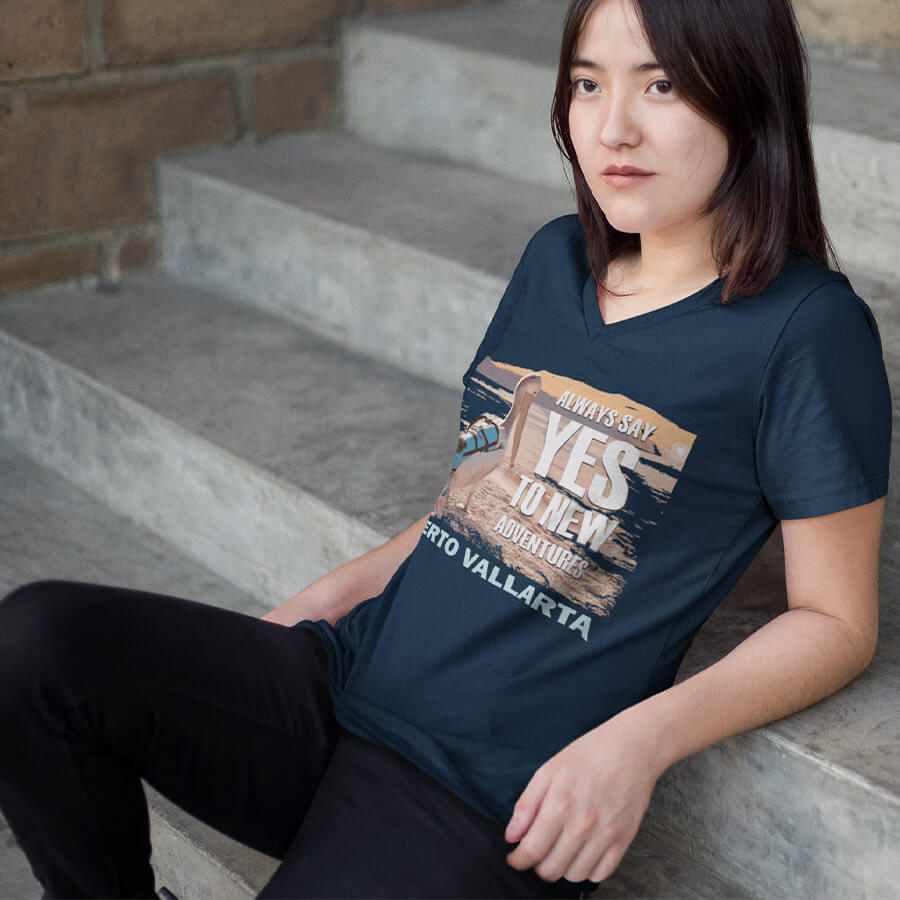 adventure v-neck tee always say yes to new adventures puerto vallarta navy woman