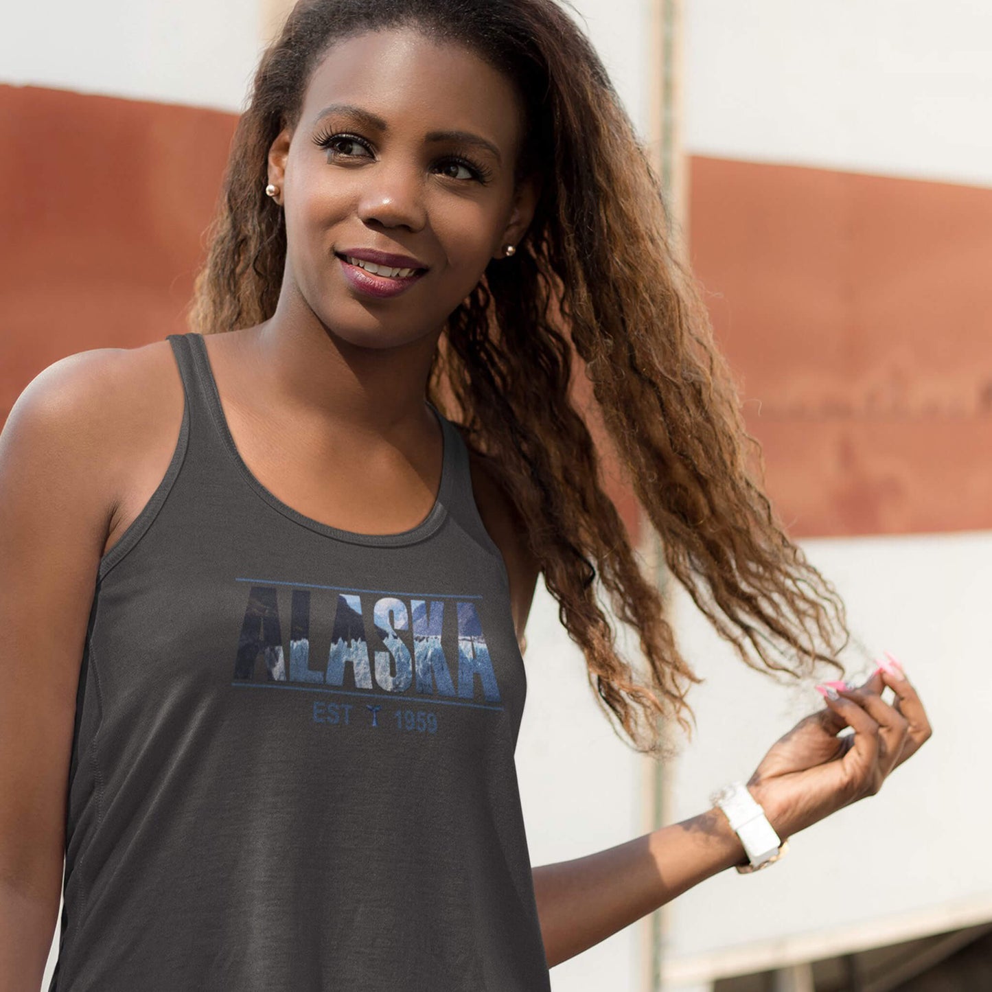 alaska glacier racerback tank top statehood year design solid dark gray woman