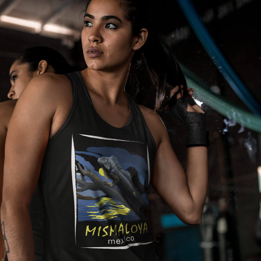 mismaloya mexico unisex jersey tank retro beach graphic black woman