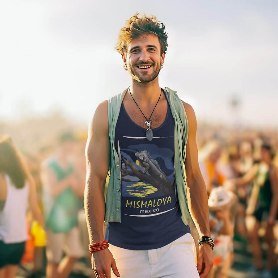 mismaloya mexico unisex jersey tank retro beach graphic navy man