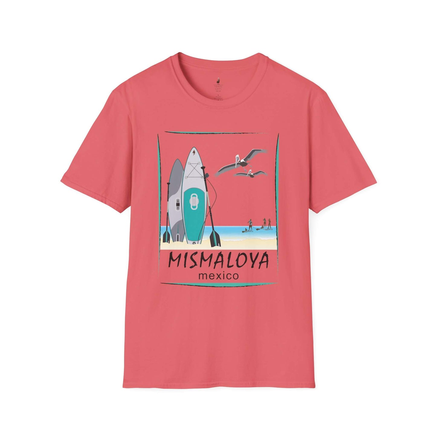 paddle board at mismaloya beach unisex softstyle t-shirt coral silk