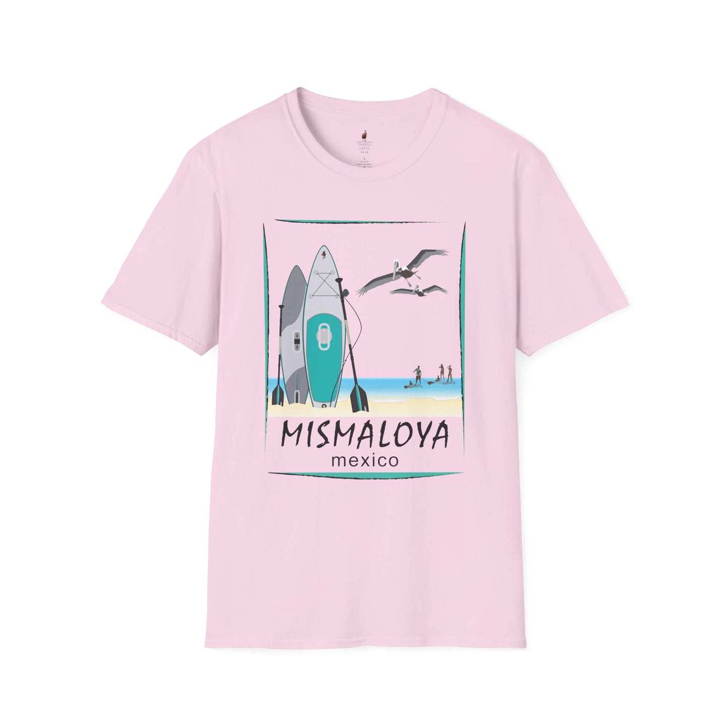 paddle board at mismaloya beach unisex softstyle t-shirt light pink