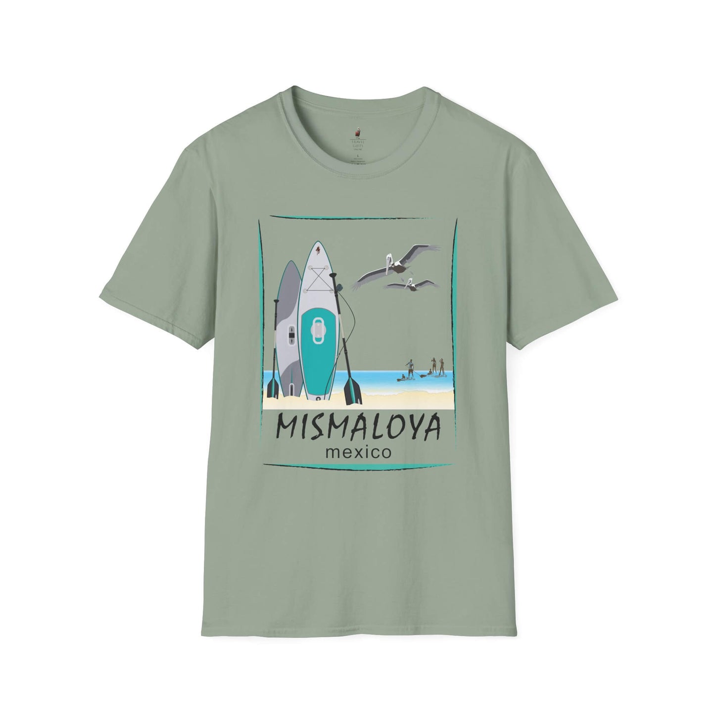 paddle board at mismaloya beach unisex softstyle t-shirt sage