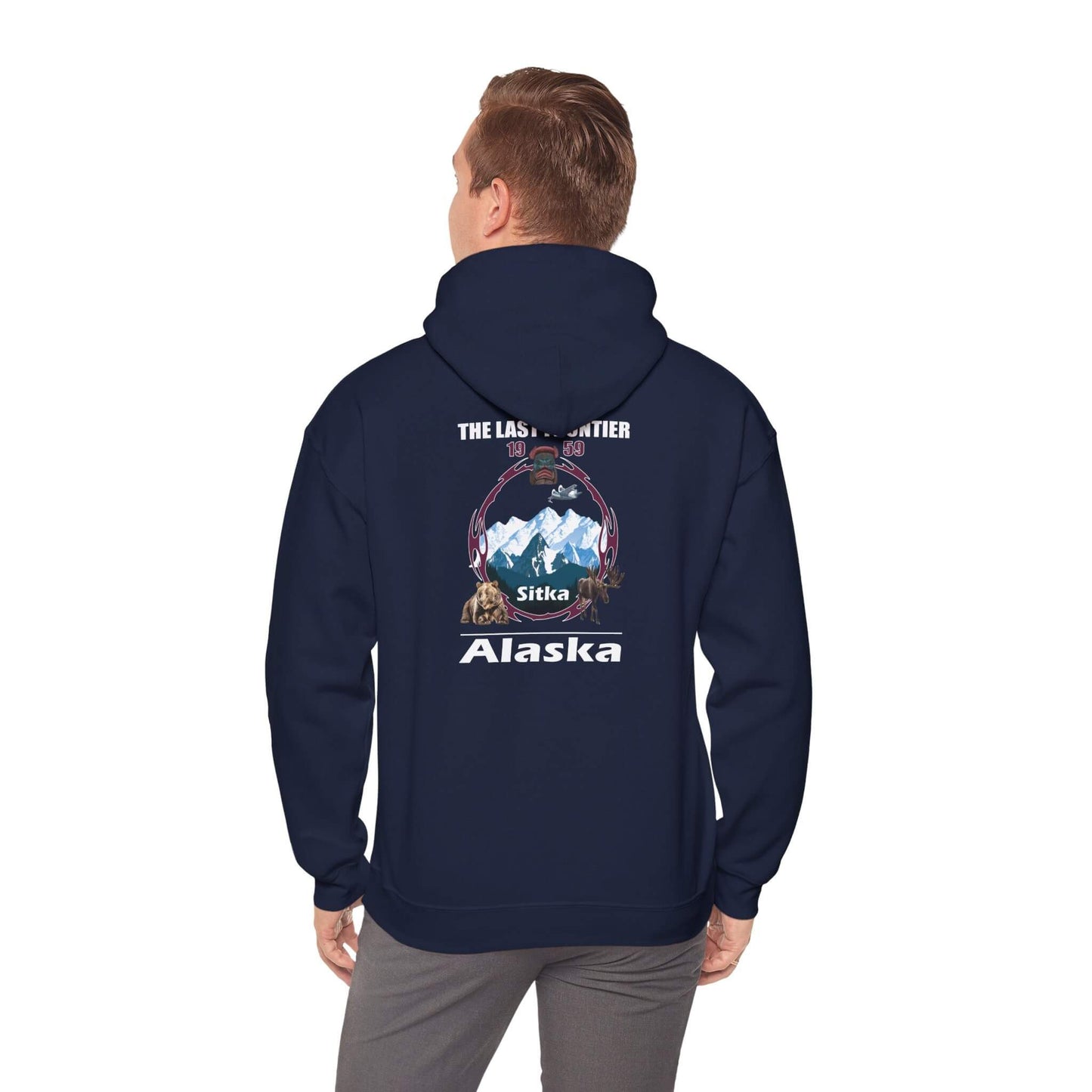 sitka alaska adventure hooded sweatshirt cozy unisex pullover for outdoor lovers navy back