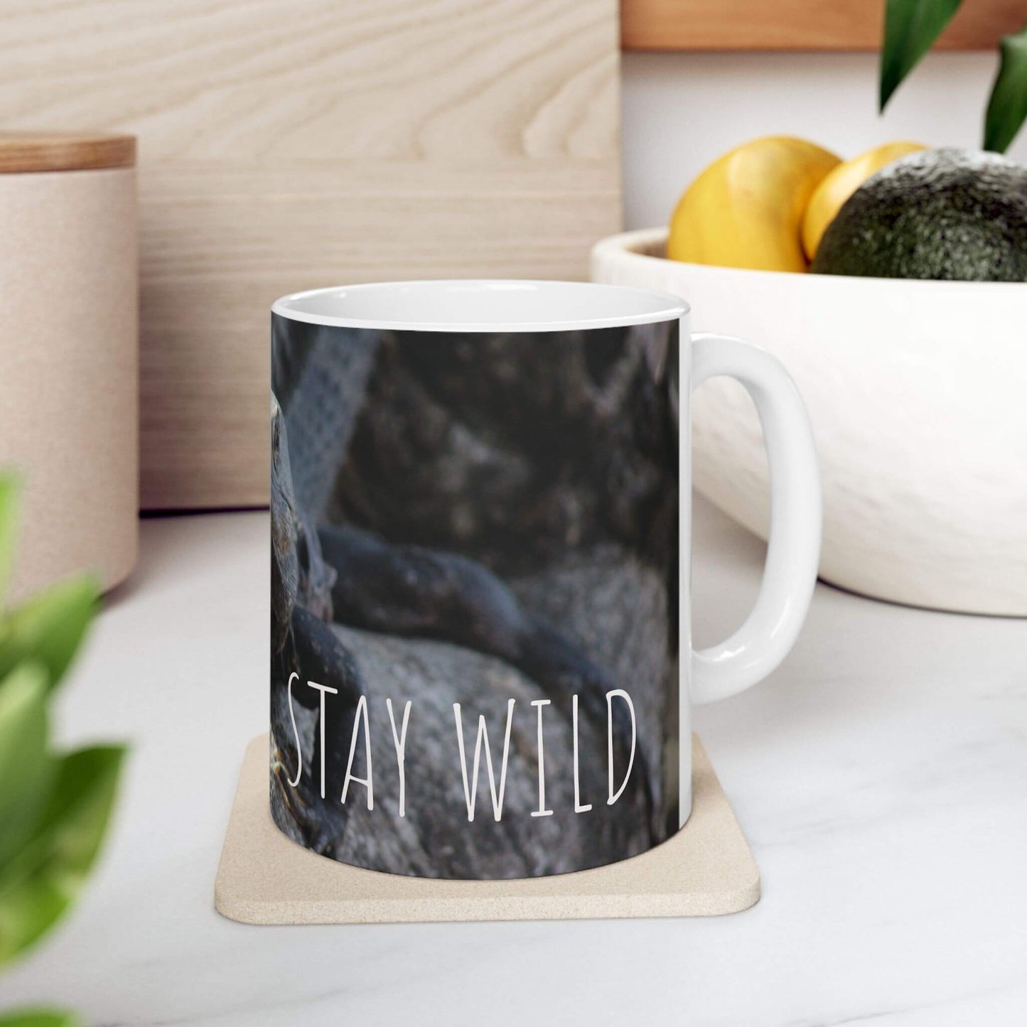stay wild ceramic mug iguana design counter