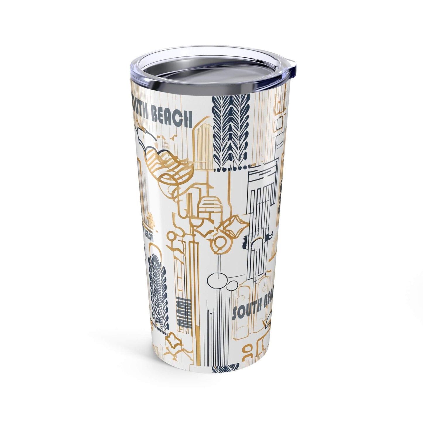 Tumbler with 'South Beach' design on a white background left side