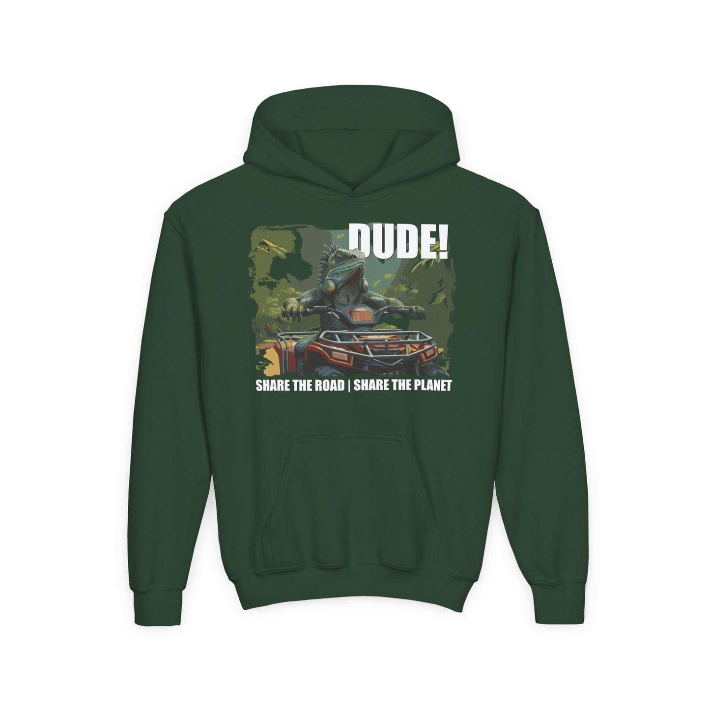 youth hoodie iguana atv share the road share the planet dark forest green