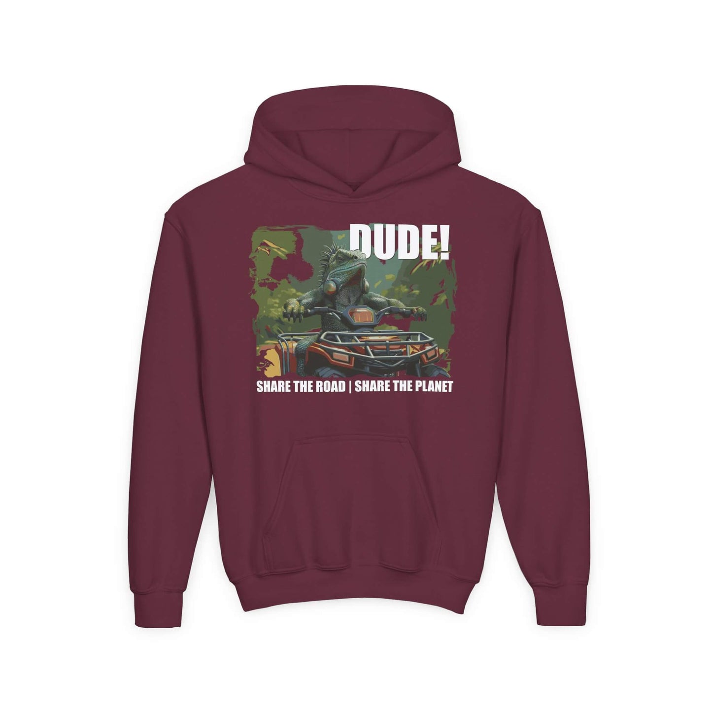 youth hoodie iguana atv share the road share the planet maroon