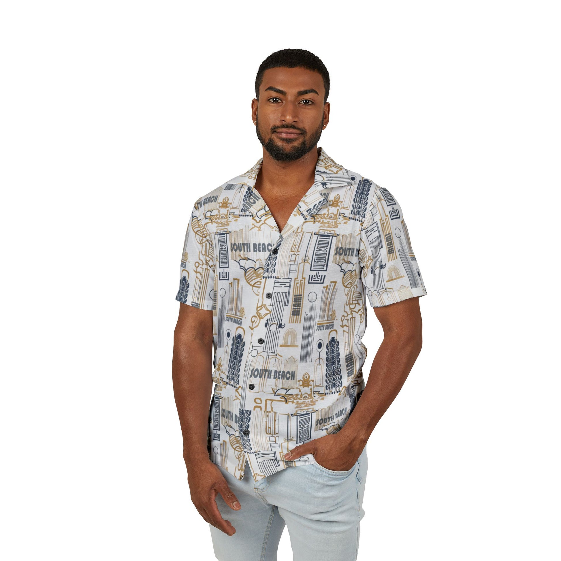 Man wearing a patterned shirt on a white background
