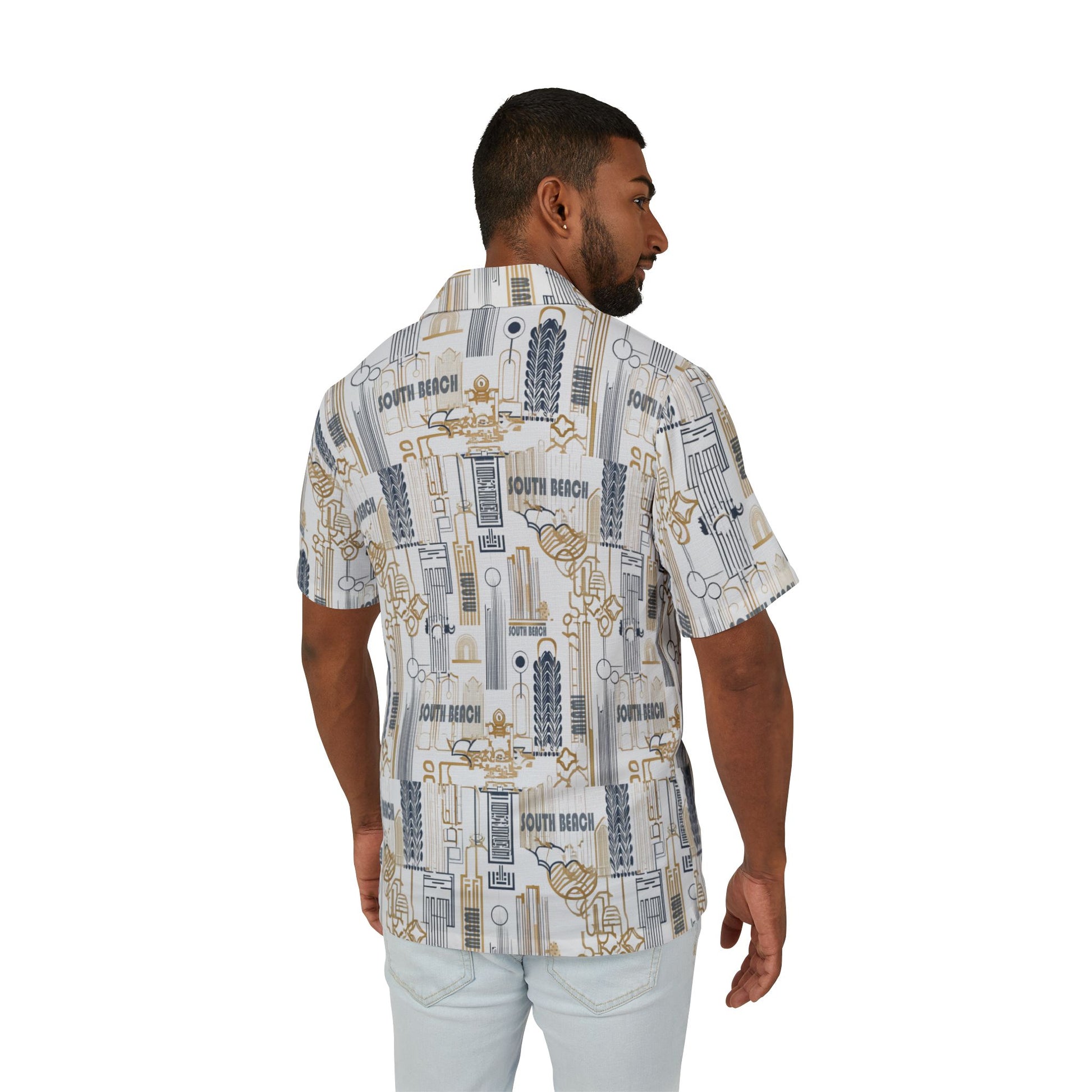 Man wearing a patterned shirt with visible branding on a white background