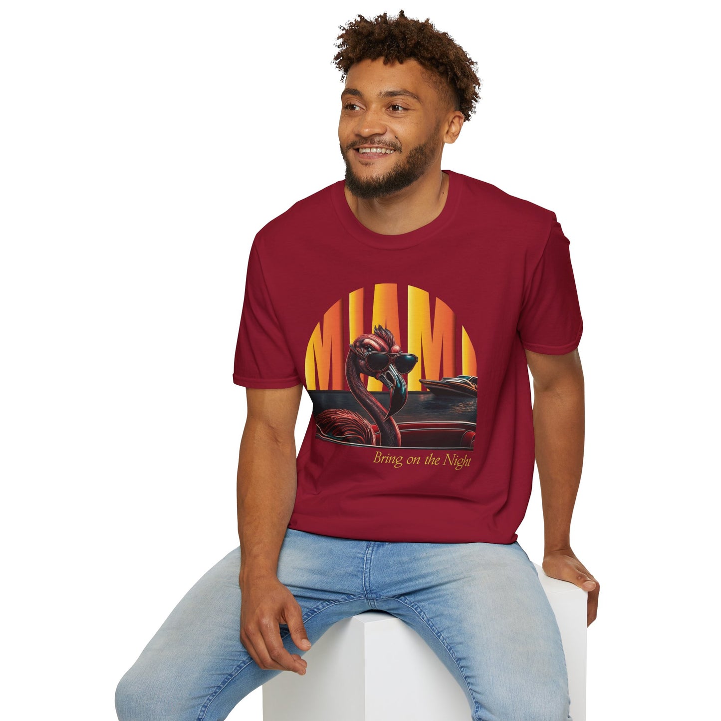 Flamingo Night Unisex T-Shirt Miami Moonlight Red Man