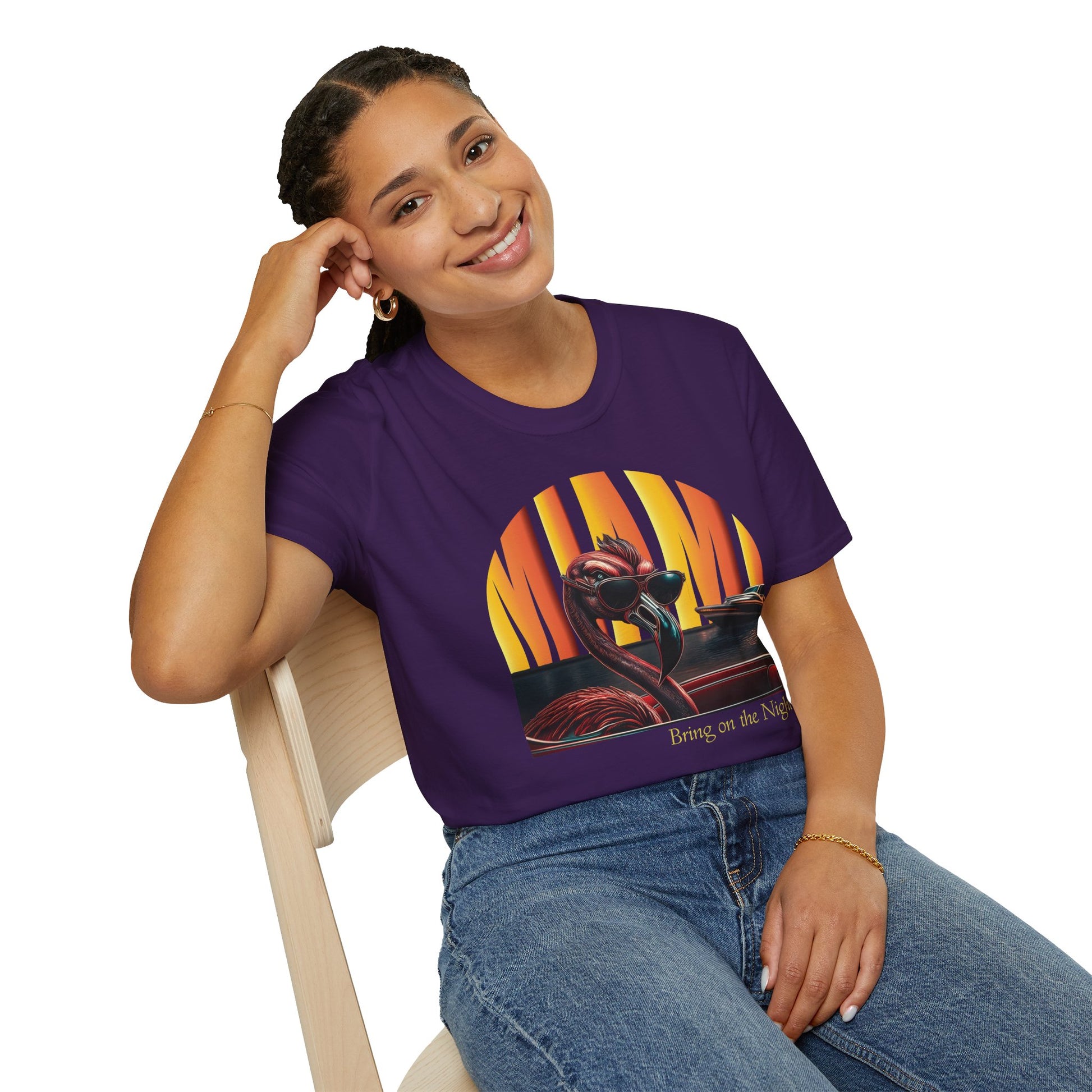 Flamingo Night Unisex T-Shirt Miami Moonlight Purple woman