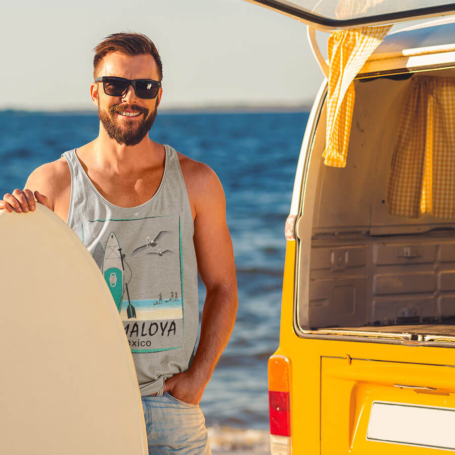 Paddle Board at Mismaloya Beach Tank Top Unisex Jersey with Pelican Design athletic heather man