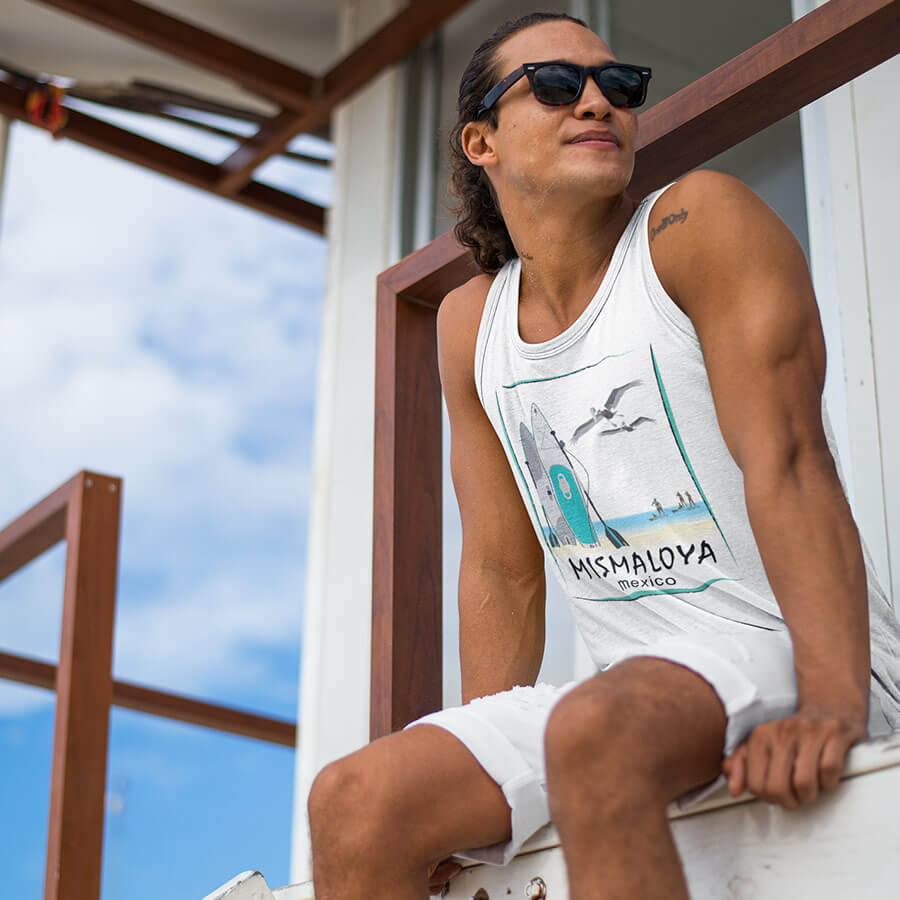 Paddle Board at Mismaloya Beach Tank Top Unisex Jersey with Pelican Design white lifeguard