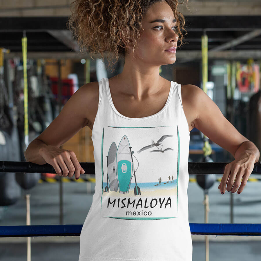 Paddle Board at Mismaloya Beach Tank Top Unisex Jersey with Pelican Design white woman 2
