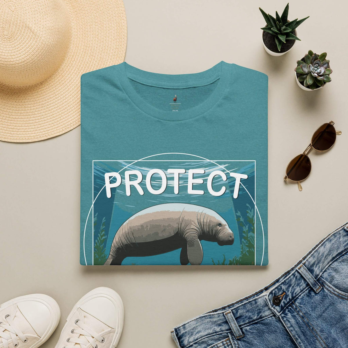 Protect the Manatees Conservation Unisex T Shirt Folded Heather Galapagos Blue