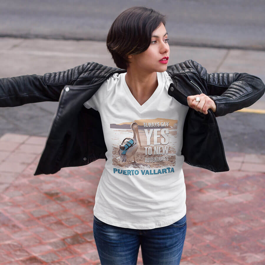 adventure v-neck tee always say yes to new adventures puerto vallarta white woman