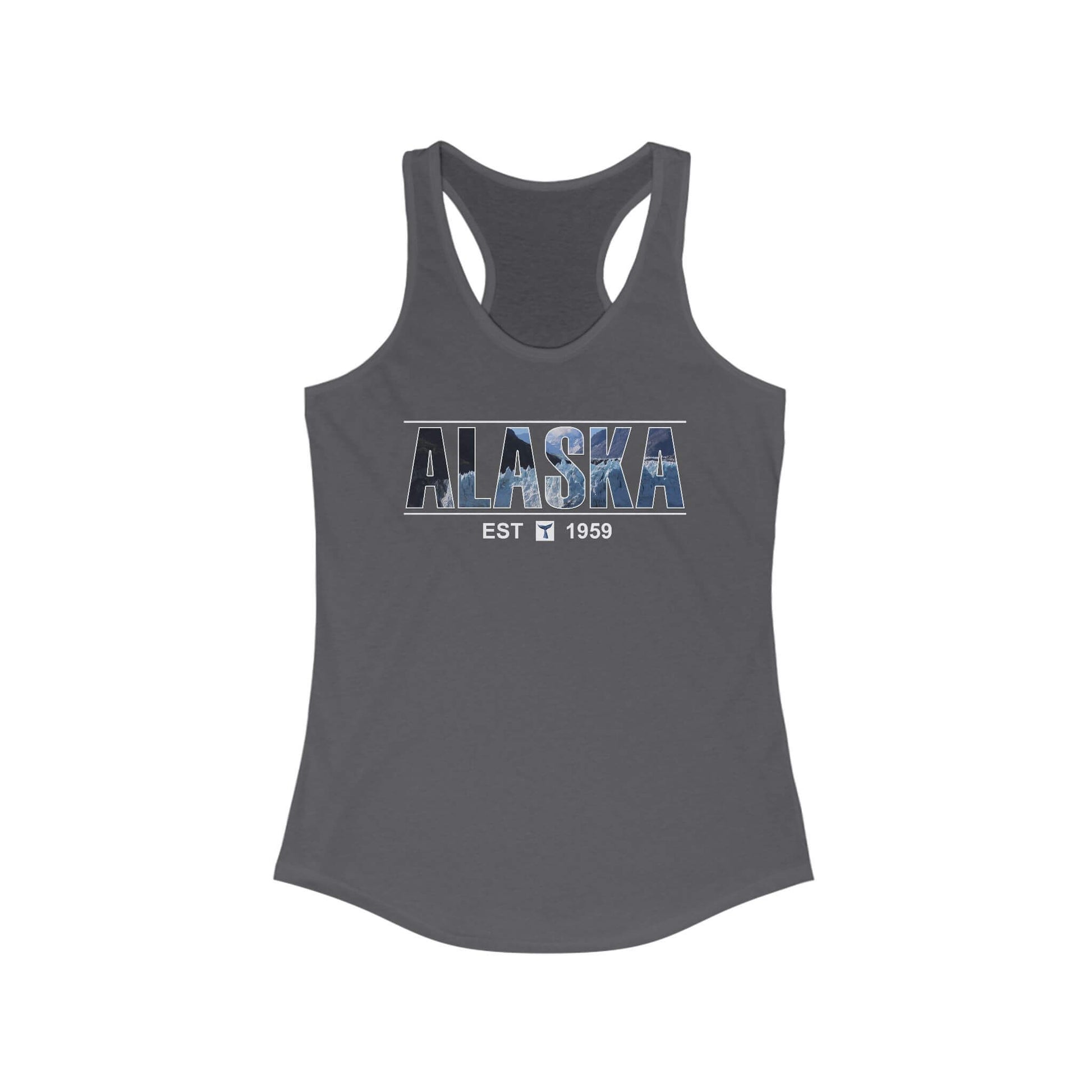alaska glacier racerback tank top statehood year design solid dark gray