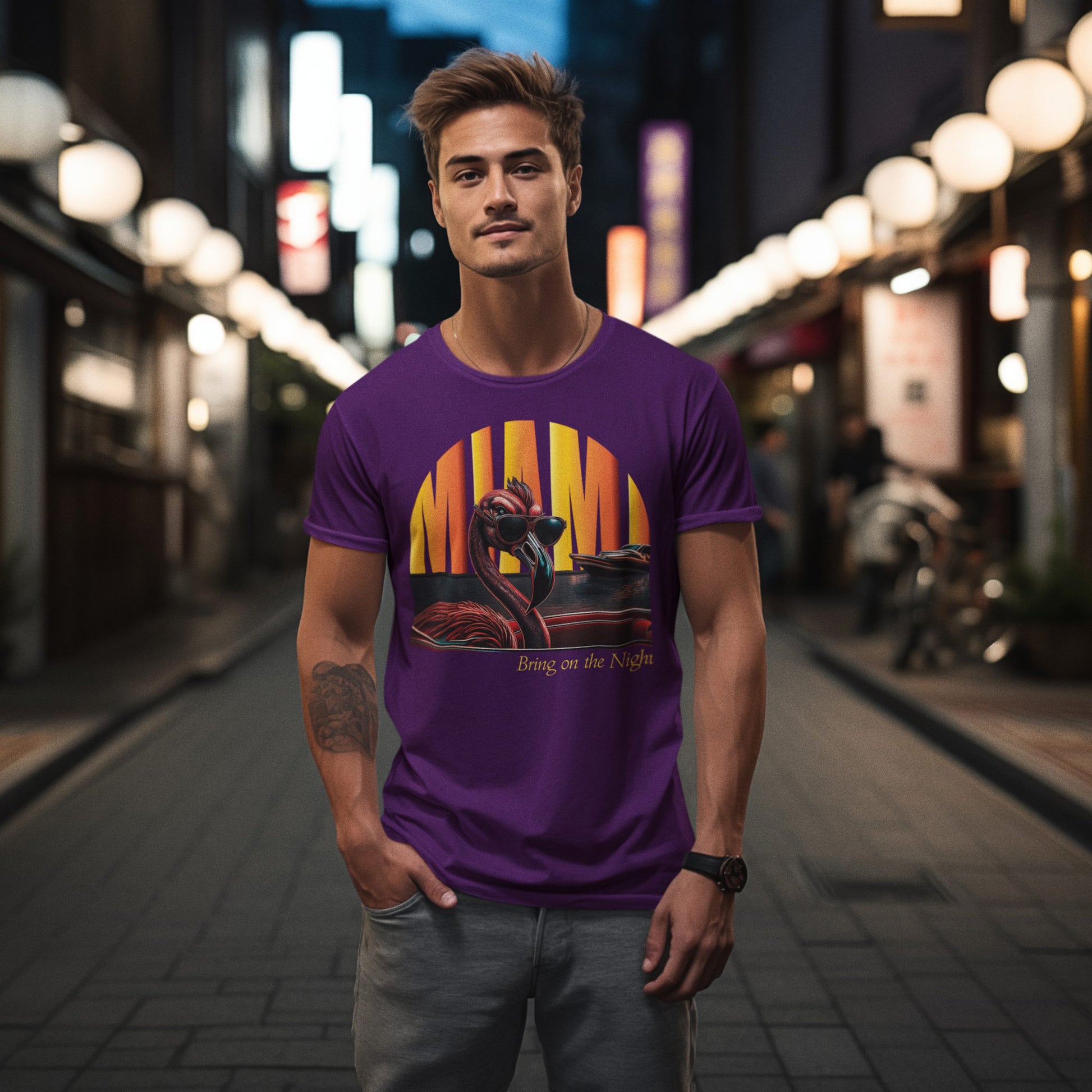 Flamingo Night Unisex T-Shirt Miami Moonlight Man