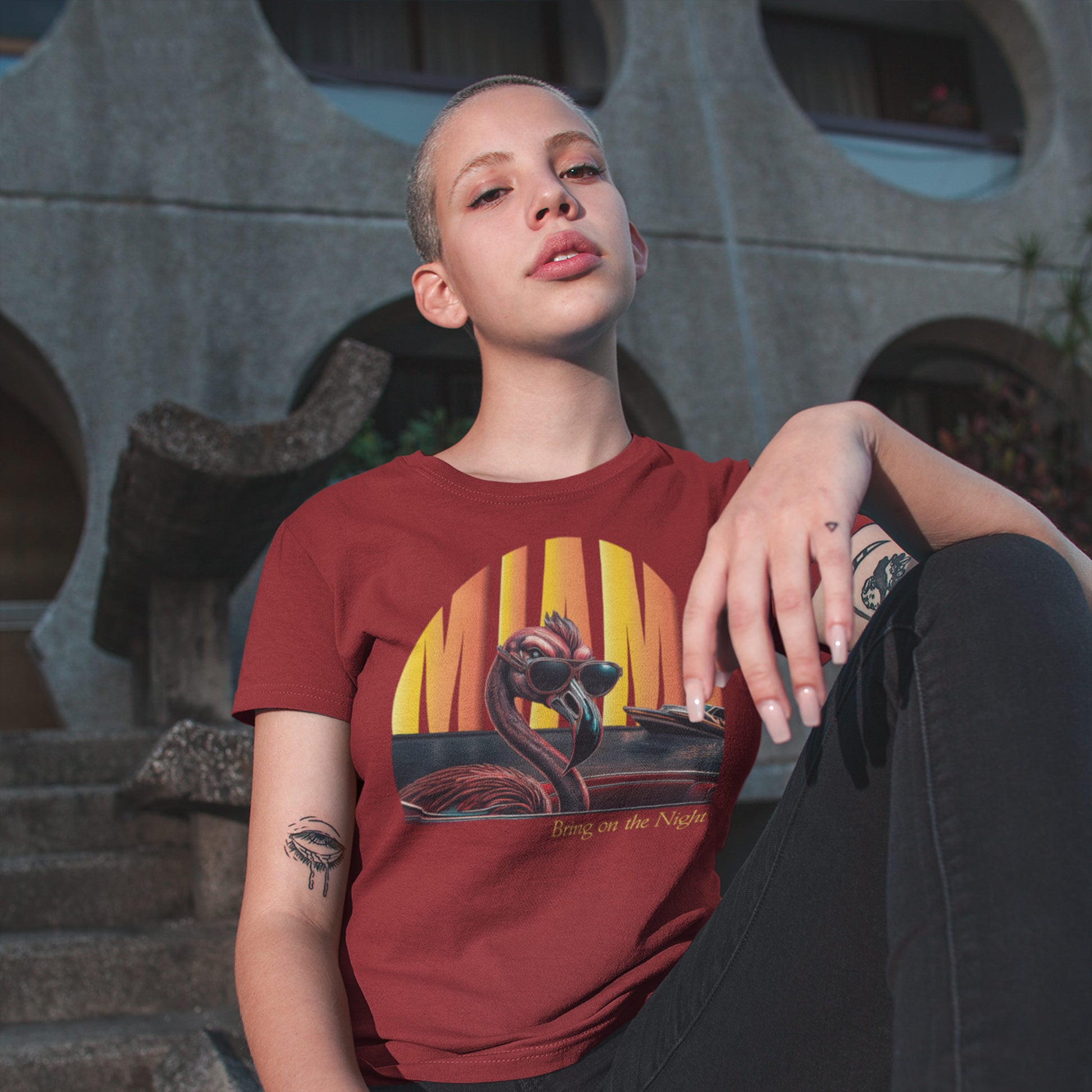 Flamingo Night Unisex T-Shirt Miami Moonlight woman