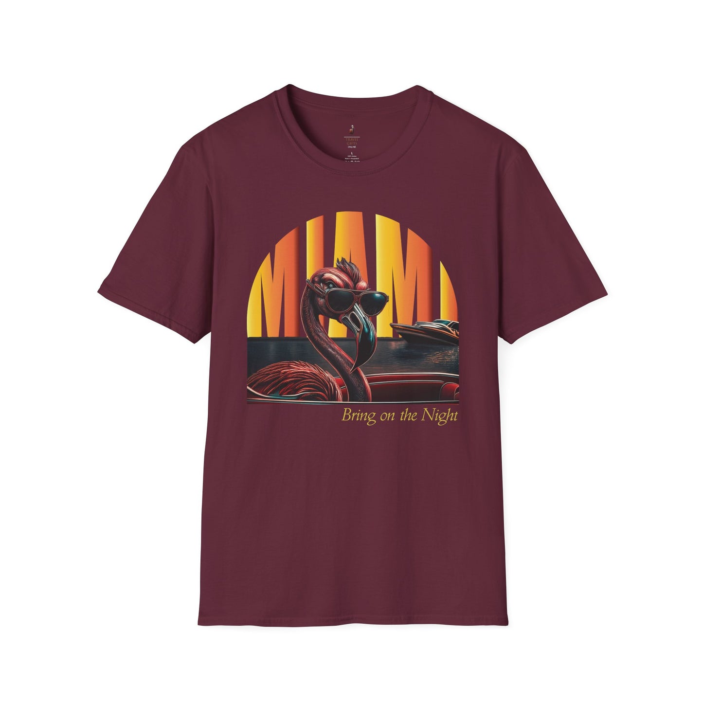 A maroon t-shirt featuring a retro graphic print of a cool flamingo wearing sunglasses with a Miami sunset background.