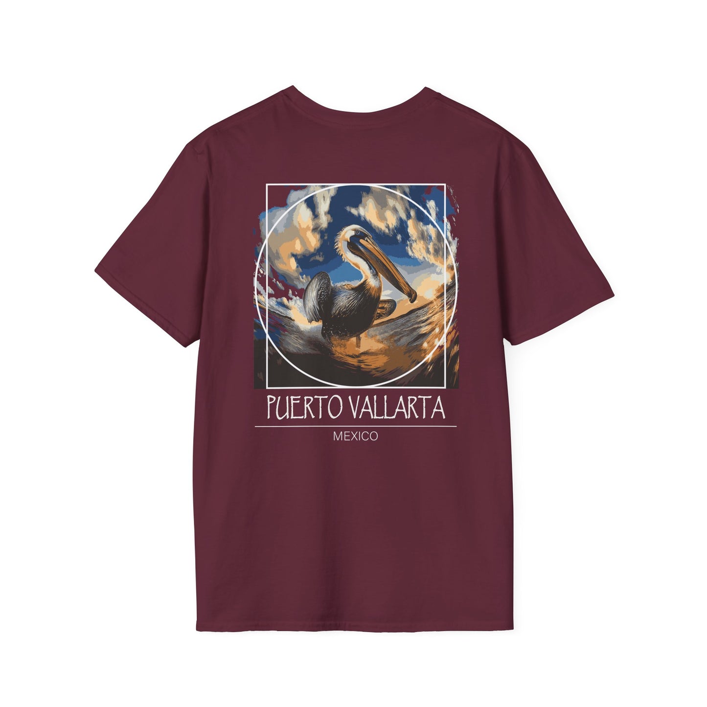 A maroon graphic t-shirt featuring a detailed illustration of a pelican with "Puerto Vallarta Mexico