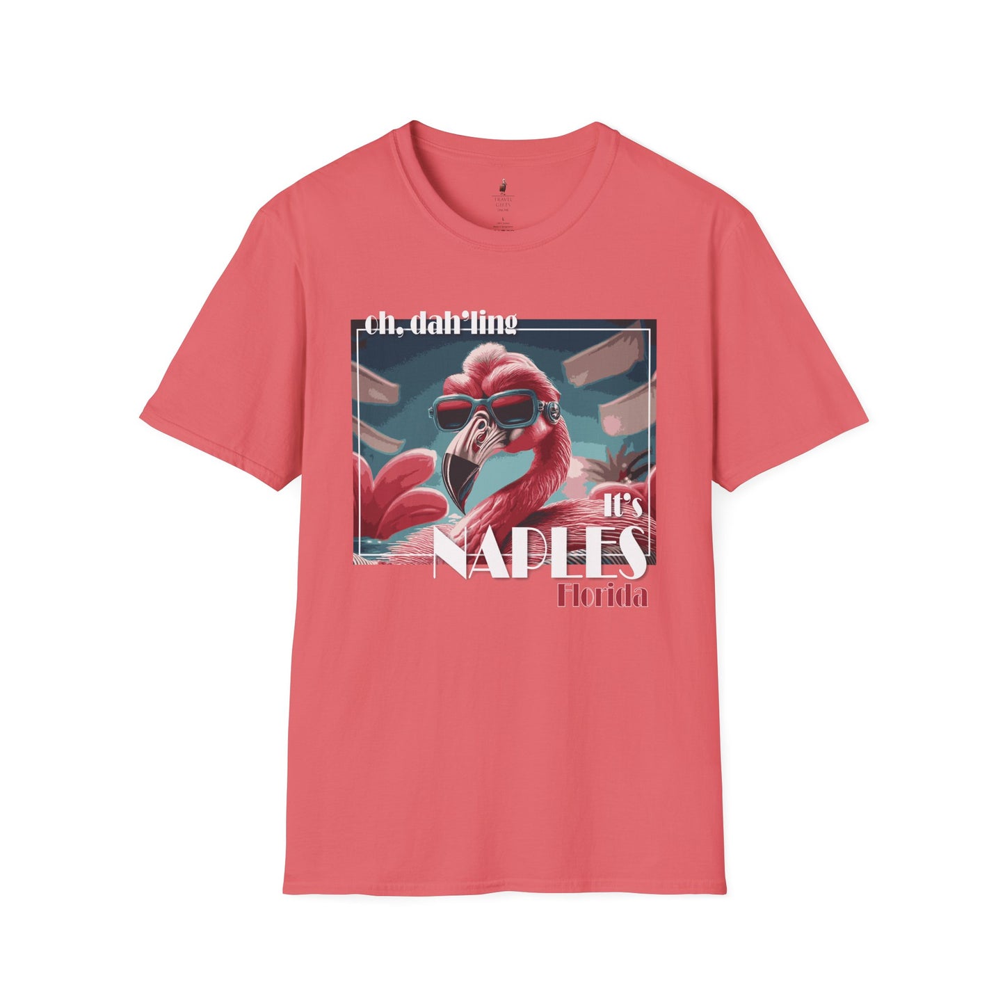 A men's coral pink t-shirt featuring a graphic print of a flamingo wearing sunglasses with "Naples Florida