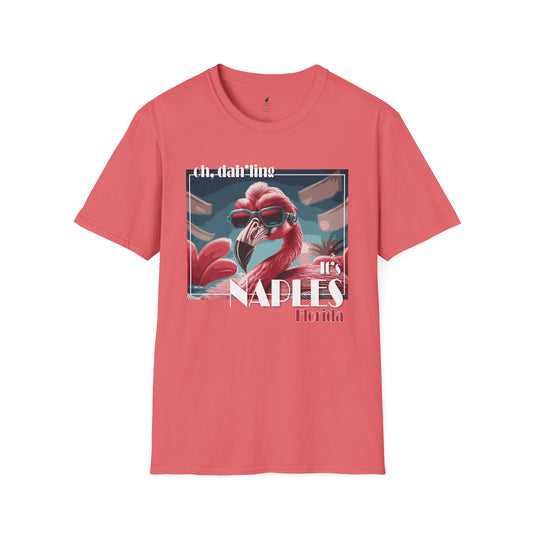 A men's coral pink t-shirt featuring a graphic print of a flamingo wearing sunglasses with "Naples Florida