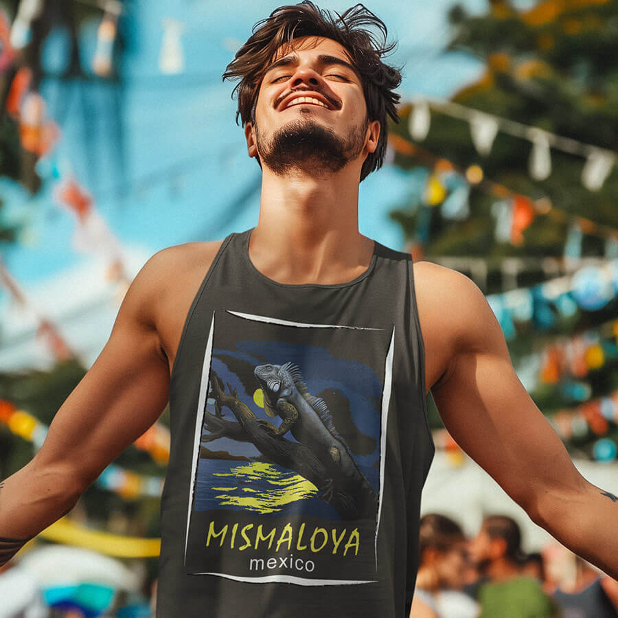 mismaloya mexico unisex jersey tank retro beach graphic charcoal black triblend man