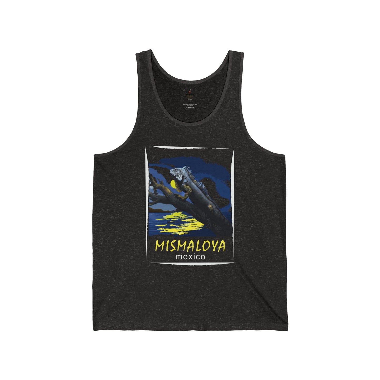 mismaloya mexico unisex jersey tank retro beach graphic charcoal black triblend