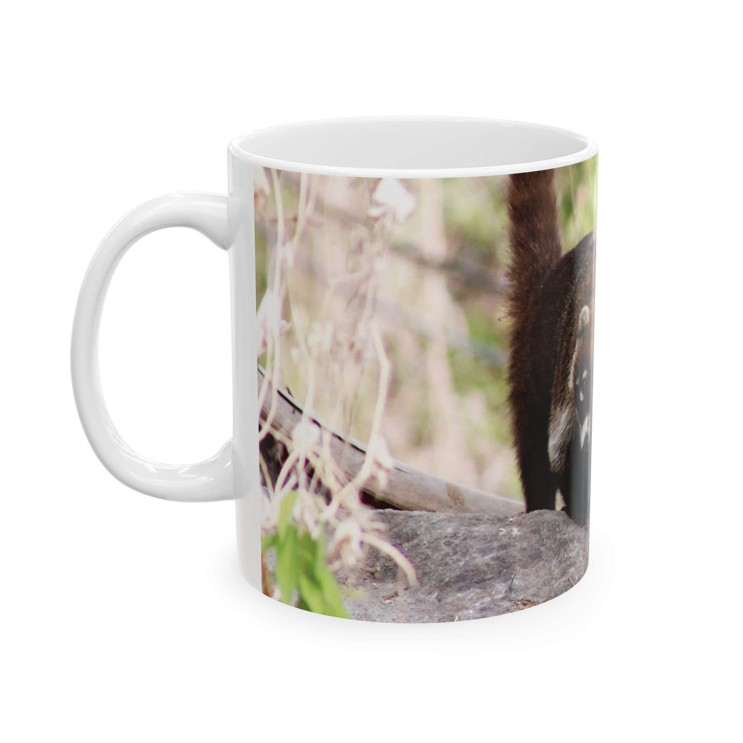 mug curious coatimundi ceramic coffee cup left