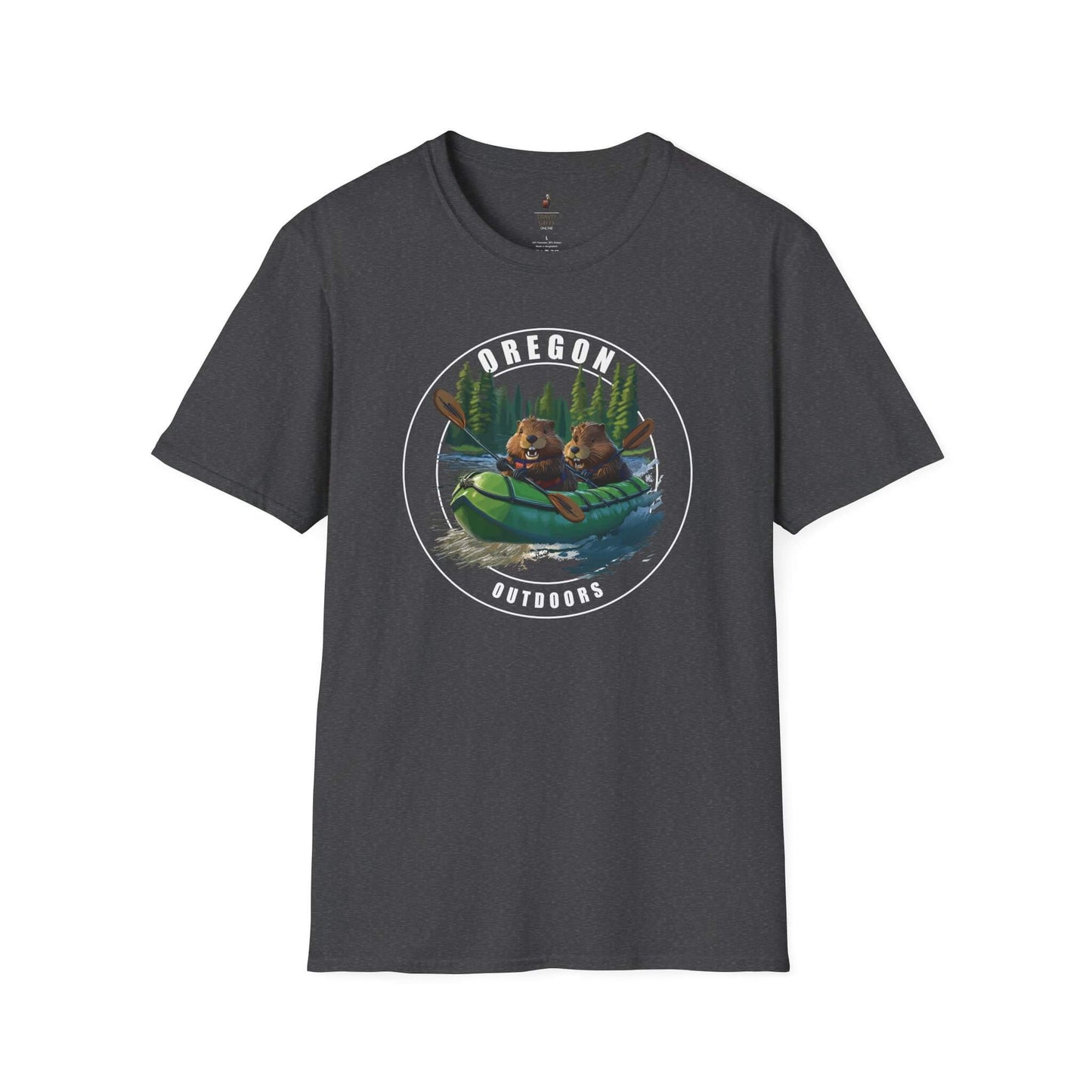 A dark gray cotton t-shirt with a graphic of two beavers in a raft for Oregon Outdoors apparel.