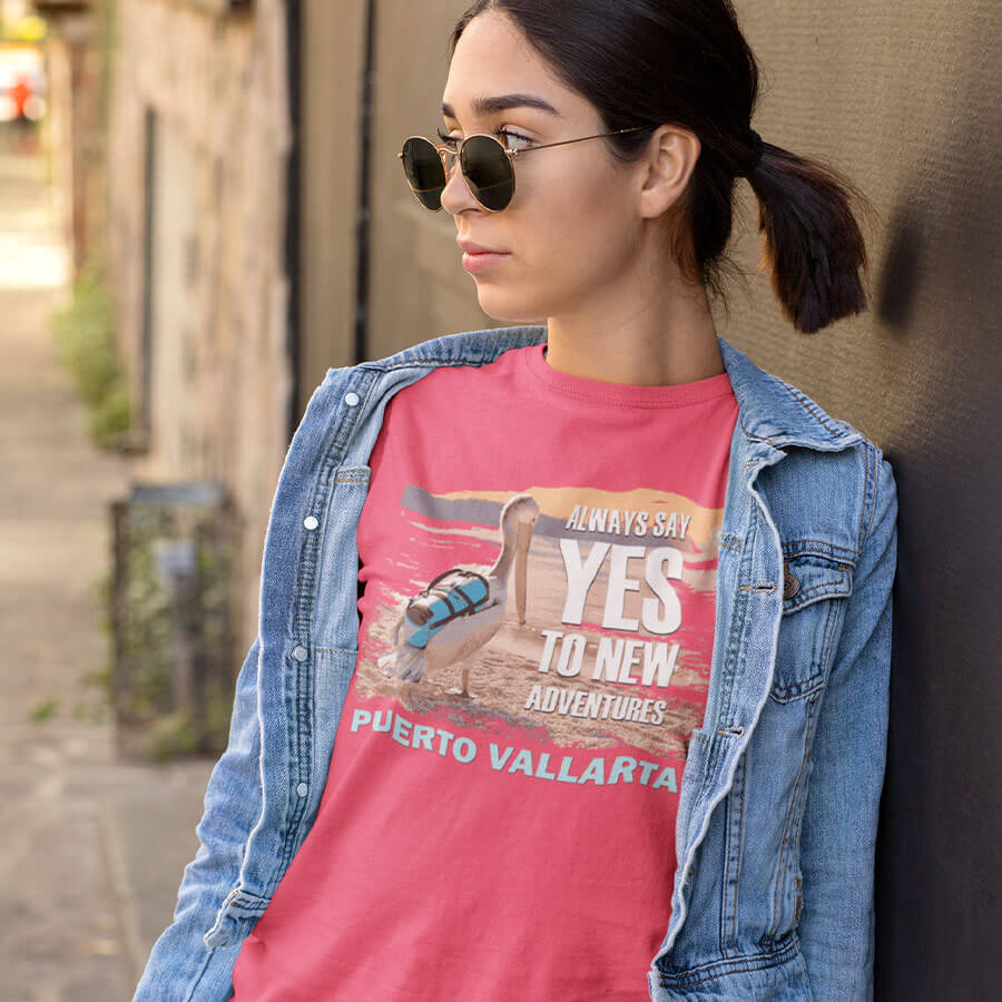 puerto vallarta travel adventure t-shirt traveling pelican design coral silk woman