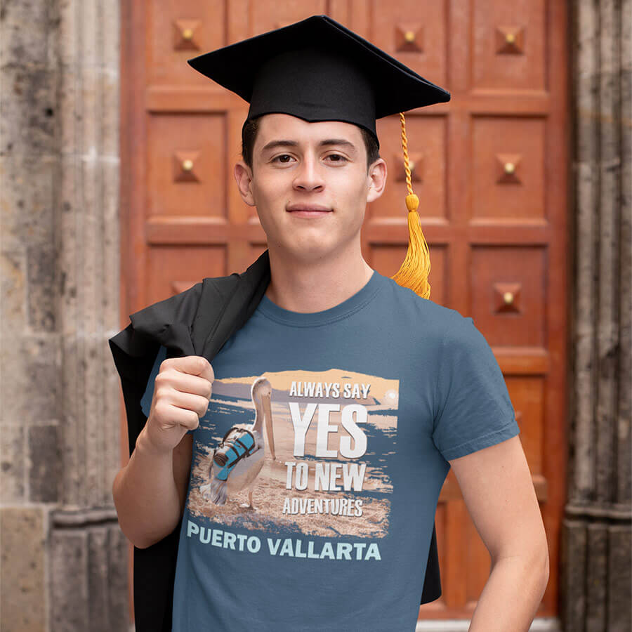 puerto vallarta travel adventure t-shirt traveling pelican design heather indigo teen