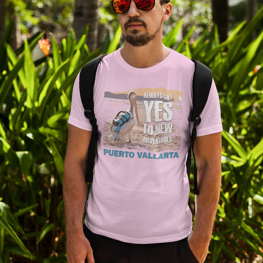 puerto vallarta travel adventure t-shirt traveling pelican design light pink man