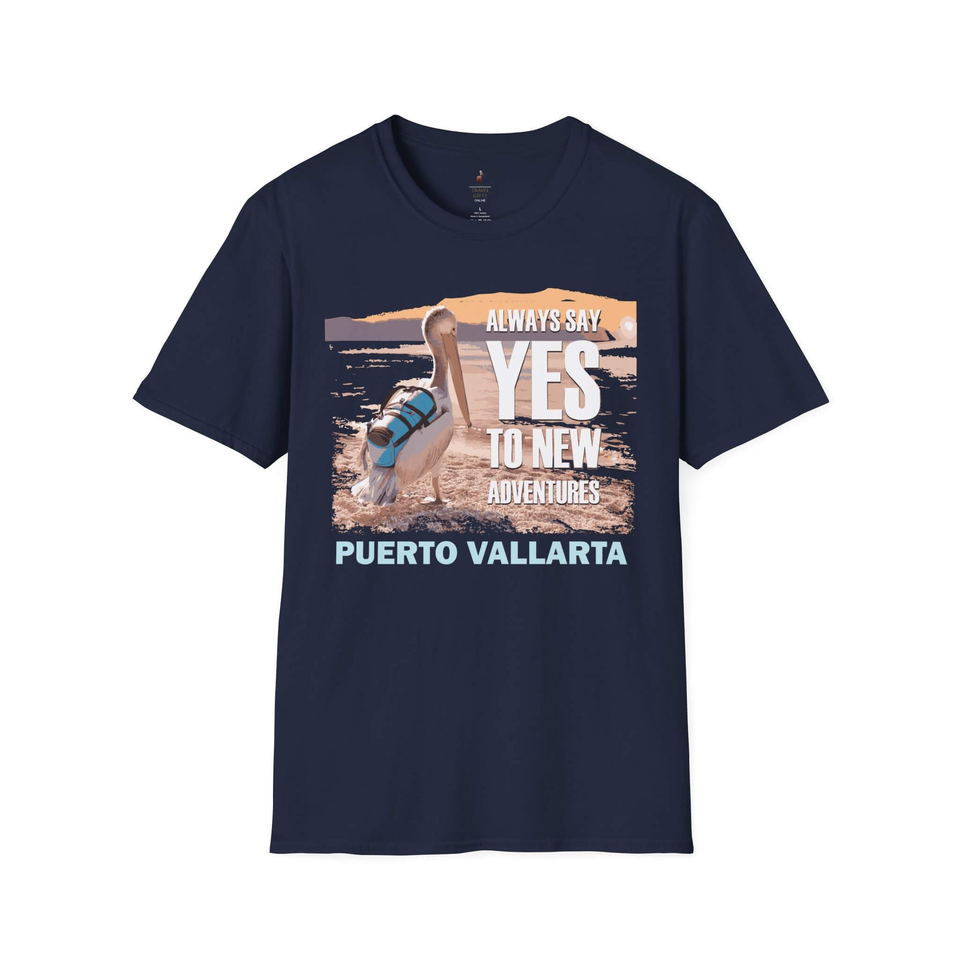 puerto vallarta travel adventure t-shirt traveling pelican design navy