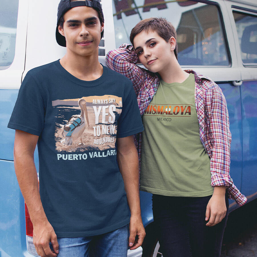 puerto vallarta travel adventure t-shirt traveling pelican design young couple