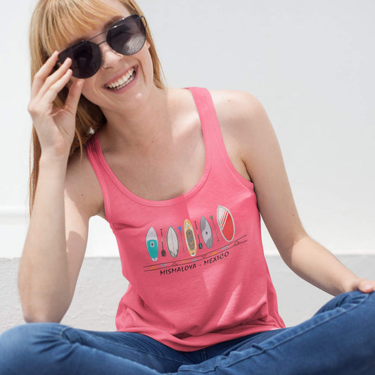 racerback tank mismaloya mexico paddleboarding scene solid hot pink woman with glasses