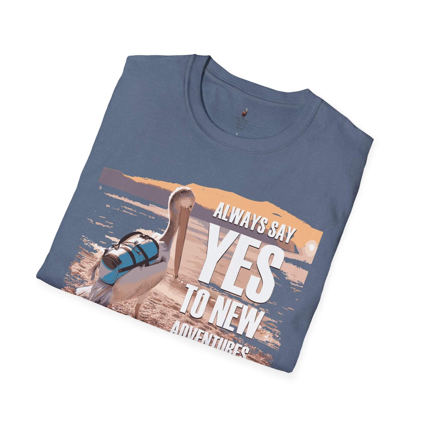 say yes to adventure t-shirt traveling pelican heather indigo folded