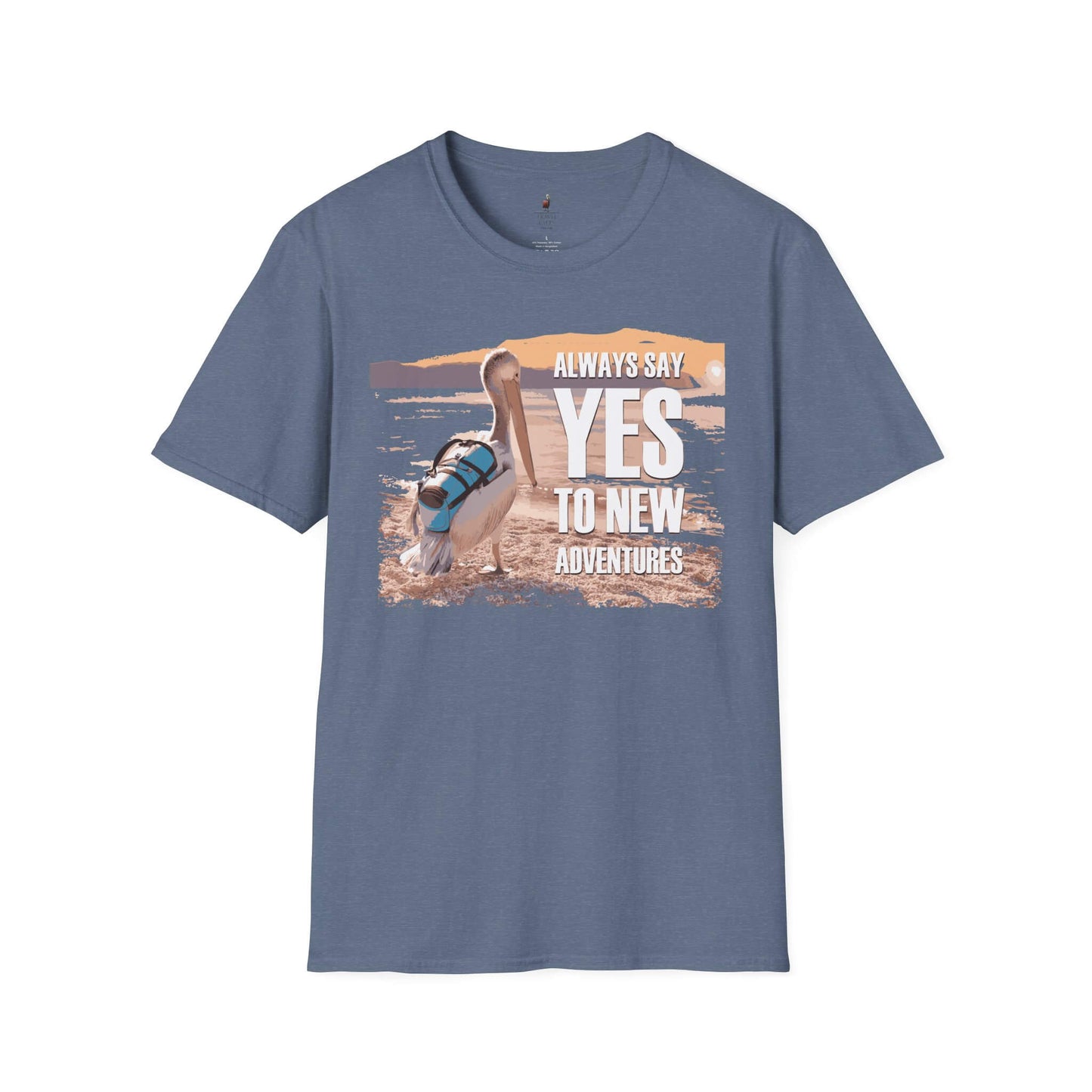 say yes to adventure t-shirt traveling pelican heather indigo