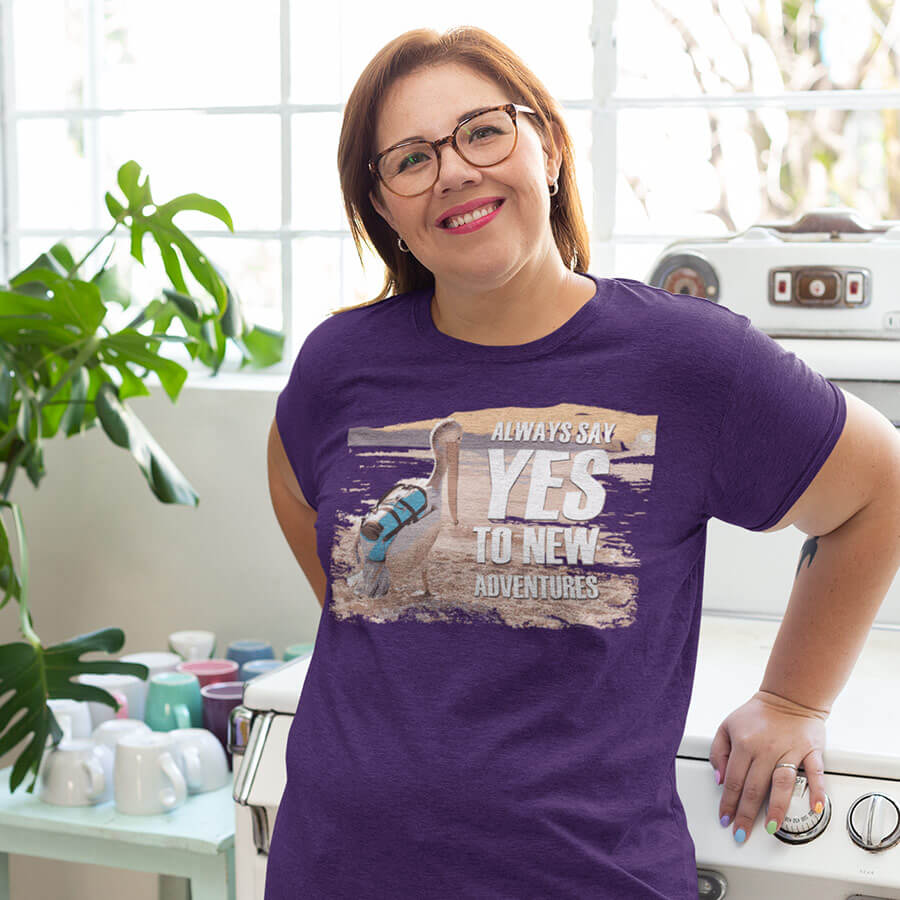 say yes to adventure t-shirt traveling pelican heather purple woman