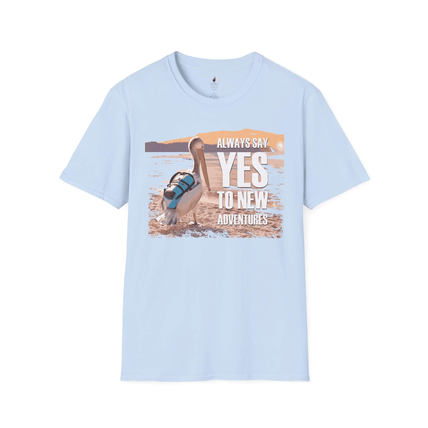 say yes to adventure t-shirt traveling pelican light blue
