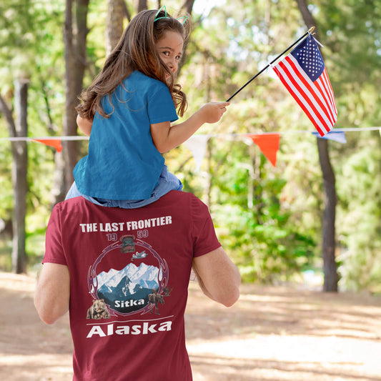 sitka alaska unisex t-shirt with native american wildlife design antique cherry red front man daughter