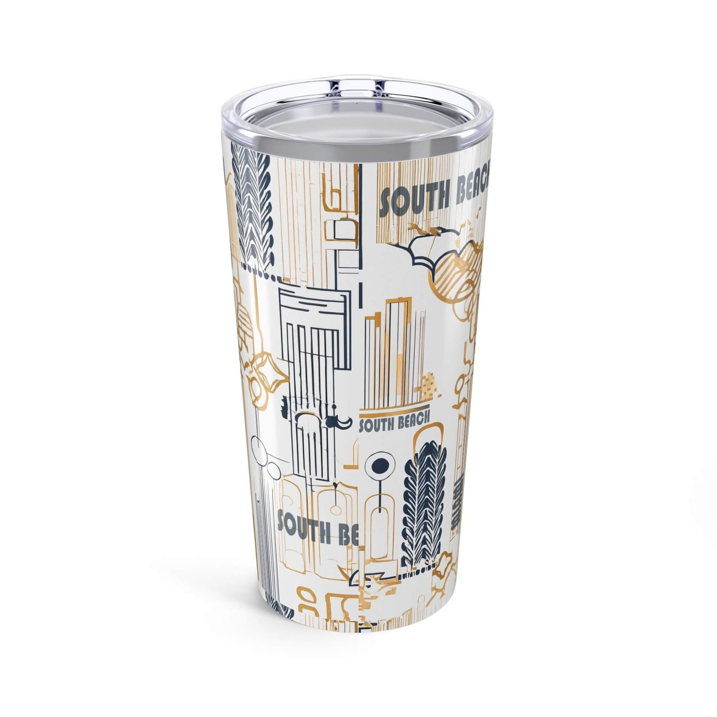 Clear tumbler with South Beach design on a white background back