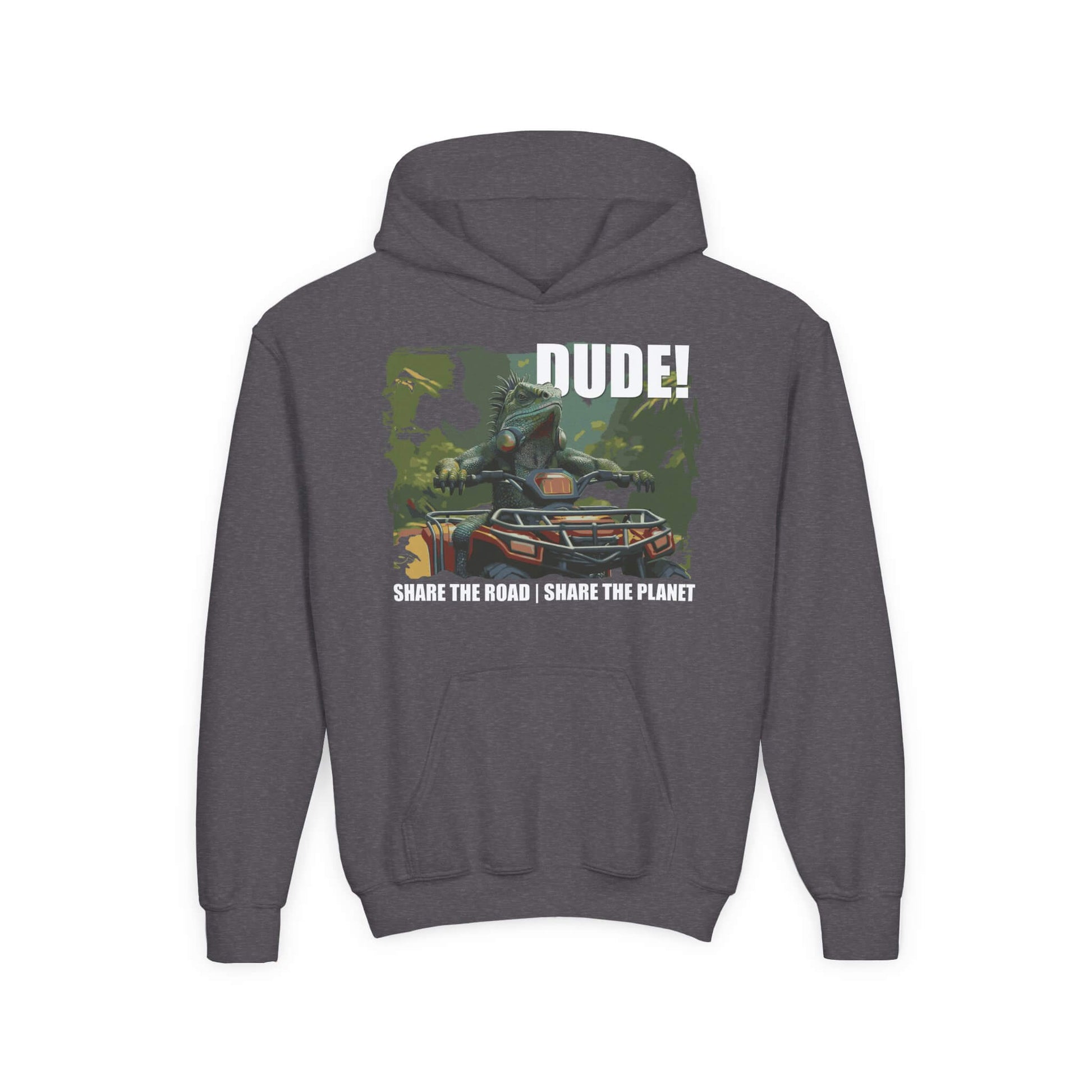 youth hoodie iguana atv share the road share the planet dark heather