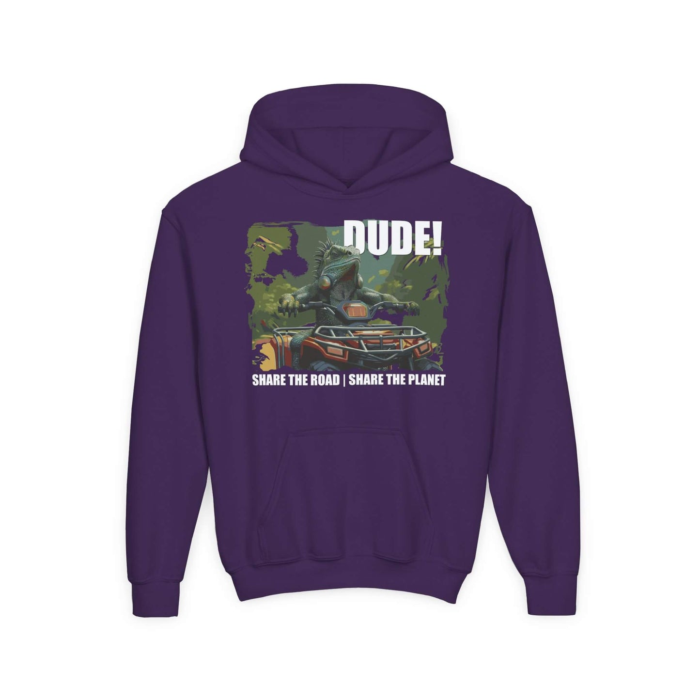 youth hoodie iguana atv share the road share the planet dark purple